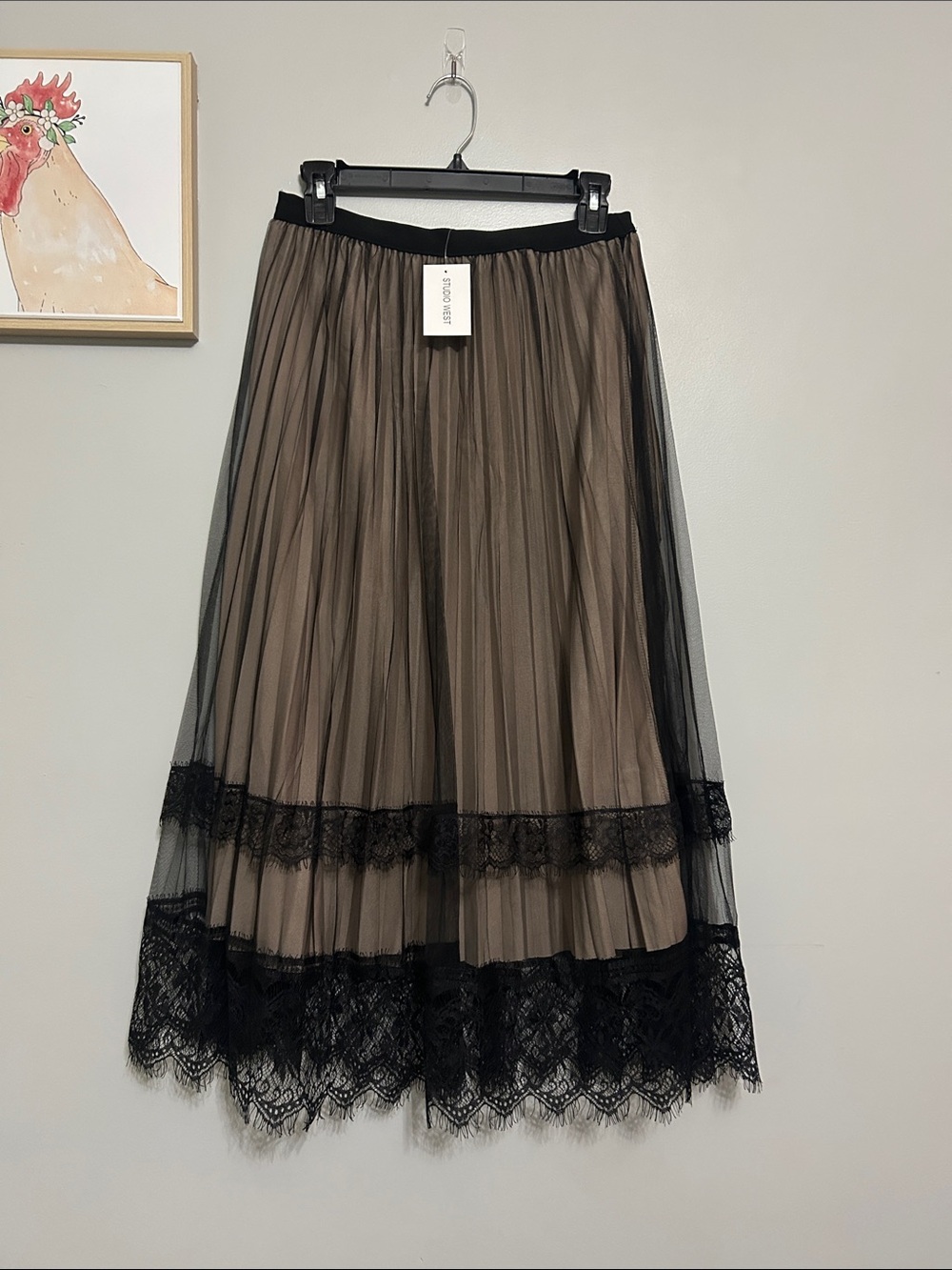 Studio West Black Lace Overlay Midi Skirt with Taupe Underlayer